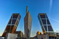 Gate of Europe KIO Towers and Obelisk of Calatrava at Paseo de la Castellana street in City of Madrid, Spain Royalty Free Stock Photo