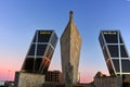 Gate of Europe KIO Towers and Obelisk of Calatrava at Paseo de la Castellana street in City of Madrid, Spain Royalty Free Stock Photo