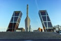 Gate of Europe KIO Towers and Obelisk of Calatrava at Paseo de la Castellana street in City of Madrid, Spain Royalty Free Stock Photo