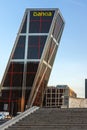 Sunrise view of Gate of Europe KIO Towers at Paseo de la Castellana street in City of Madrid,