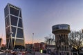 MADRID, SPAIN - JANUARY 23, 2018: Sunrise view of Gate of Europe KIO Towers at Paseo de la Castellana street in City of Madrid Royalty Free Stock Photo