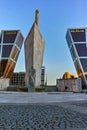 MADRID, SPAIN - JANUARY 23, 2018: Sunrise view of Gate of Europe KIO Towers at Paseo de la Castellana street in City of Madrid Royalty Free Stock Photo