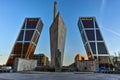 MADRID, SPAIN - JANUARY 23, 2018: Sunrise view of Gate of Europe KIO Towers at Paseo de la Castellana street in City of Madrid Royalty Free Stock Photo