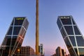 MADRID, SPAIN - JANUARY 23, 2018: Sunrise view of Gate of Europe KIO Towers at Paseo de la Castellana street in City of Madrid Royalty Free Stock Photo