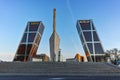 MADRID, SPAIN - JANUARY 23, 2018: Sunrise view of Gate of Europe KIO Towers at Paseo de la Castellana street in City of Madrid Royalty Free Stock Photo