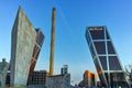 MADRID, SPAIN - JANUARY 23, 2018: Sunrise view of Gate of Europe KIO Towers at Paseo de la Castellana street in City of Madrid Royalty Free Stock Photo