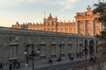 Sunset view of the facade of the Royal Palace of Madrid, Spain