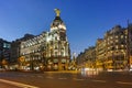 MADRID, SPAIN - JANUARY 23, 2018: Sunset view of Gran Via and Metropolis Building in City of Madrid