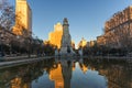 Sunset view of Monument to Cervantes and Don Quixote and Sancho Panza at Spain Square in City o Royalty Free Stock Photo