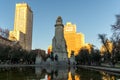 Sunset view of Monument to Cervantes and Don Quixote and Sancho Panza at Spain Square in City o Royalty Free Stock Photo