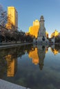 Sunset view of Monument to Cervantes and Don Quixote and Sancho Panza at Spain Square in City o Royalty Free Stock Photo