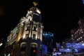 Madrid, Spain; January 6th 2019: The Metropolis Building located between Gran Via Street and Alcala Street illuminated at night at Royalty Free Stock Photo