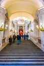 MADRID, SPAIN, JANUARY 9, 2016: View of the main decorated lobby with a staircase in the Royal Palace of Madrid. It is Royalty Free Stock Photo