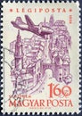 Plane over Veszprem Castle in stamp Royalty Free Stock Photo