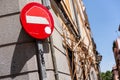 Madrid, Spain 22 July 2018 - modern street art, road sign with drawing