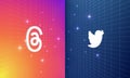 Madrid, Spain - July, 2023: Threads VS Twitter app icons facing each other with network background. Competition between social