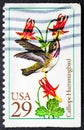 Calliope Hummingbird (Stellula calliope) in vintage USA stamp