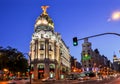 Madrid, Spain - June 2018: Gran Via central street of Madrid at night Royalty Free Stock Photo