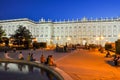 Madrid, Spain - June 2018: Royal palace of Madrid and Eastern square at night Royalty Free Stock Photo