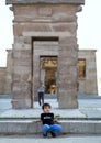 2017.05.31, Madrid, Spain. A little boy on background of The current Temple of Debod in Madrid. Sightseeing of Spain.