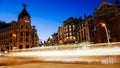 Madrid, Spain long exposure light streaks from moving vehicles at Calle de Alcala and Gran Via Royalty Free Stock Photo