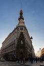 The luxurious Four Seasons hotel with the Hermes shop decorated with a giant Christmas tree in the centre of Madrid, Spain