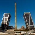 The maligned Caja Madrid Obelisk and the Gate of Europe towers or  KIO Towers near the Plaza de Castilla in Madrid Royalty Free Stock Photo