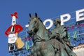 MADRID, SPAIN - MARCH 16, 2016: Detail of equestrian statue of Carlos III next to Tio Pepe sign