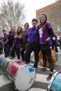 Group of young feminist women with drums during the Women`s Day demonstration in the city center of Madrid, Spain, on March 8