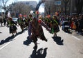 Madrid, Spain, March 2nd 2019: Carnival parade, Bolivian group dancers with traditional costume dancing