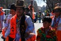 Madrid, Spain, March 2nd 2019: Carnival parade, Bolivian group dancers with traditional costume performing