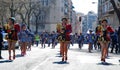 Madrid, Spain, March 2nd 2019: Carnival parade, Bolivian group dancers with traditional costume performing