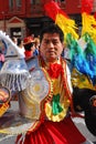 Madrid, Spain, March 2nd 2019: Carnival parade, Man from Bolivian dance group posing with traditional costume