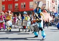 Madrid, Spain, March 2nd 2019: Carnival parade, Members of Tabarilea Percusion playing and dancing