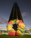 Madrid. Spain March 1, 2023: Sculpture of colored balloons made by Nano Abia from Vigo next to the Torre Caleido in Madrid