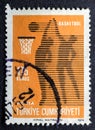 Basketball player silhouette in vintage stamp