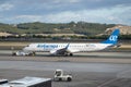 MADRID, SPAIN - May, 2020: Air Europa express plain at Madrid - Barajas Airport. Commercial plane landing or taking off from the Royalty Free Stock Photo