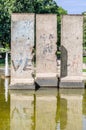 Berlin Park in Madrid, Spain. View of a fountain with original remains of the Berlin Wall