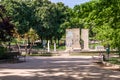 Berlin Park in Madrid, Spain. View of a fountain with original remains of the Berlin Wall