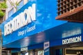 Decathlon logo on the facade of a store in Madrid, Spain