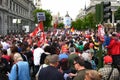 Demonstration of Communist Party of Spain and trade unions in central Madrid, Spain