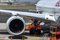 Madrid, Spain, May 31, 2023: engine, wing and landing gear of an Airbus A350-900, a new generation wide-body aircraft.
