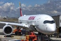 Madrid, Spain: May 31, 2023: An Iberia Airbus A350-900, a large new-generation wide-body aircraft ideal for long-range travel,.