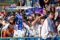 Madrid, Spain- May 29, 2022: Real Madrid C.F celebrates its 14th European Championship in Madrid. Team fans wave flags and scarves