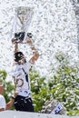 Madrid, Spain - May 12, 2024: Real Madrid football team celebrates its 36th league title in the Plaza de Cibeles.