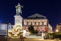 The Monument to Felipe IV by Pietro Tacca and The Teatro Real (Royal Theatre), Madrid, Spain, night view
