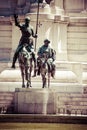 Madrid, Spain - monuments at Plaza de Espana. Famous fictional knight, Don Quixote and Sancho Pansa from Cervantes' story.
