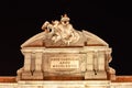 Night detail of the Puerta de AlcalÃÂ¡, royal coat of arms crowning the pediment of the door King Carlos III, year 1778