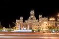 Night photography of lines of light drawn by the traffic of vehicles next to the Fuente de Cibeles