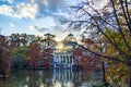 MADRID, SPAIN - NOVEMBER 9, The Crystal Palace in Madrid`s Retiro Park with an autumnal landscape Royalty Free Stock Photo